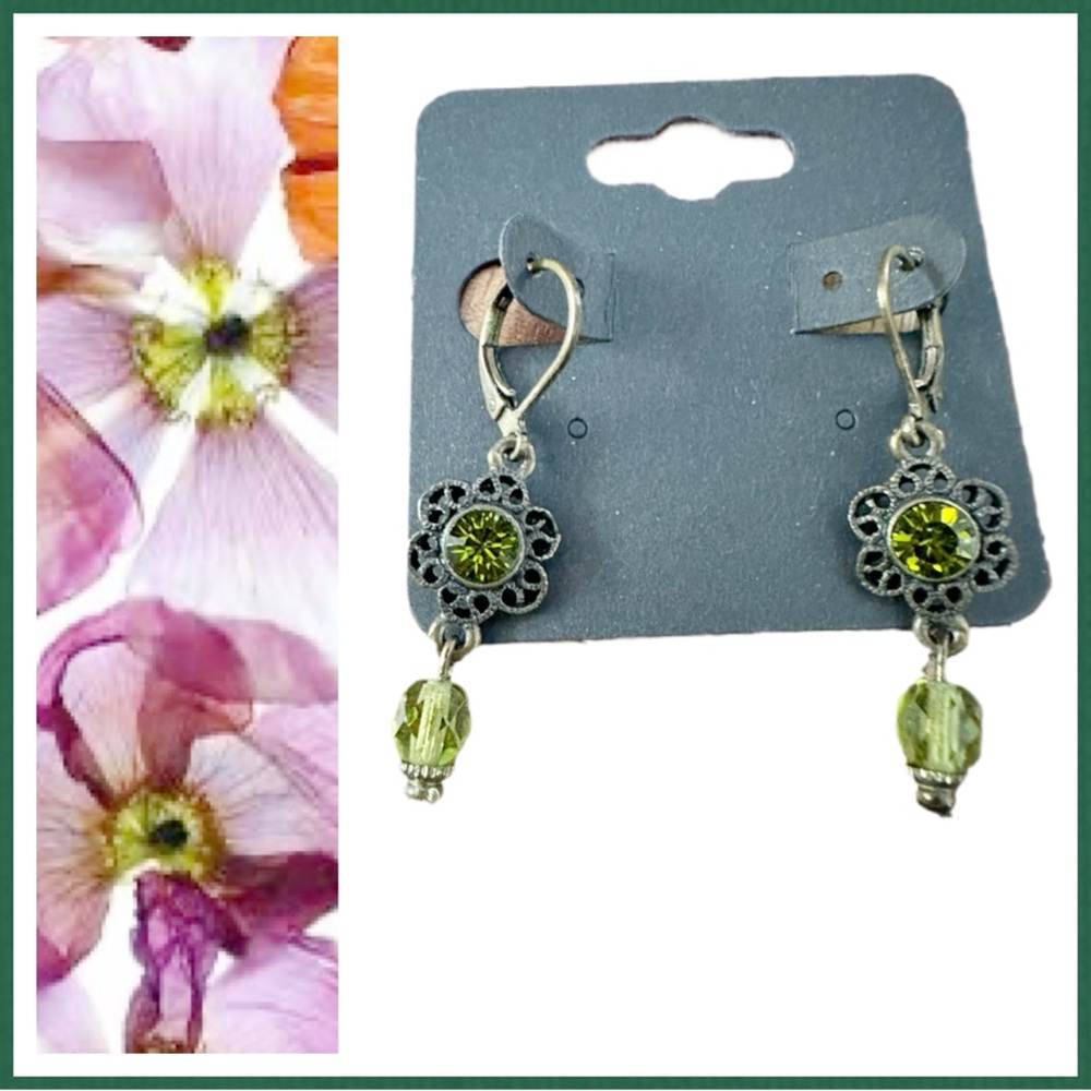 Lever Back Earrings w/round Green Stone & Green Bead Dangle.  Bronze.